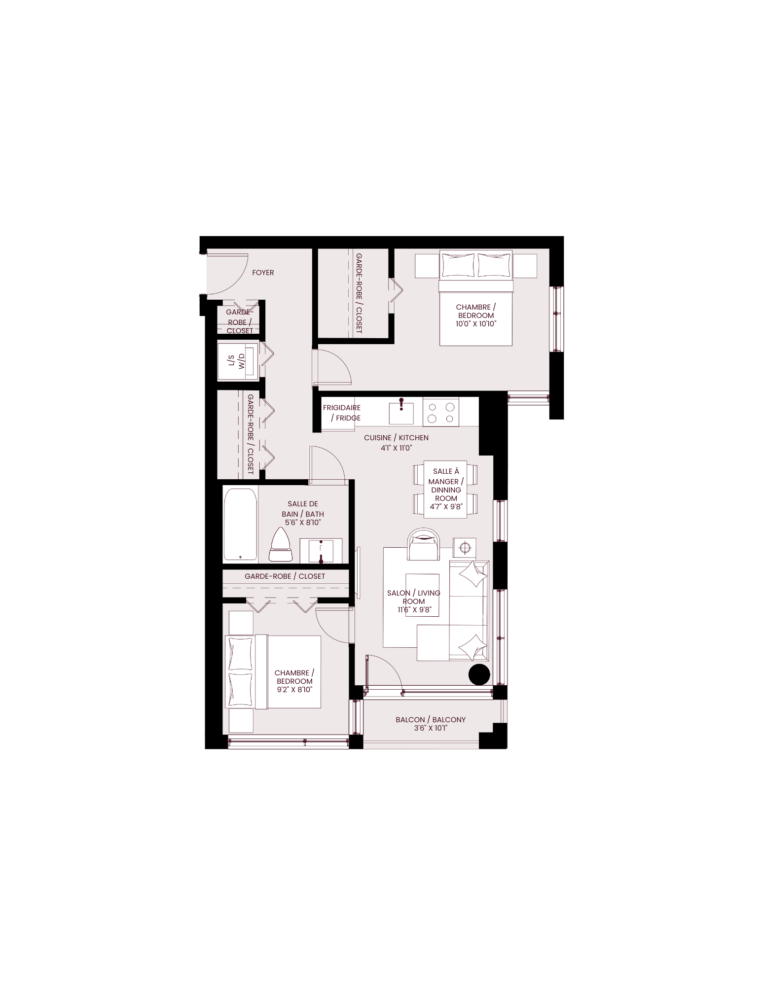 Floor plan for 2 beds, 1 bath, 735 sqft